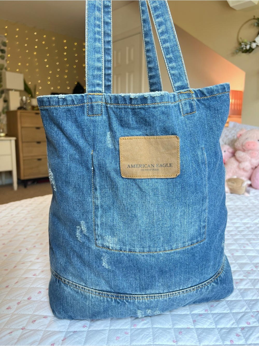 American Eagle White Painted Logo Distressed Denim Tote Bag Jean Pocket - Picture 4 of 7